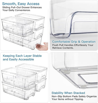 Audend Clear Stackable Storage Bins with Lids, 4 Pack Plastic Storage Containers with Handle for Pantry and Snack Organizers, Suitable for Kitchen, Bathroom, Fridge, Cabinet