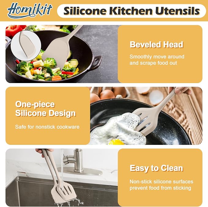 Homikit 15-Piece Kitchen Cooking Utensils Set with Holder, Heat Resistant Food Grade Silicone Kitchen Utensils include Slotted Spatula Ladle Turner for Nonstick Cookware, Dishwasher Safe- Khaki