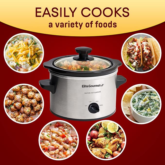 Elite Gourmet MST-250XS# Electric Slow Cooker Ceramic Pot, with Adjustable Temp, Entrees, Sauces, Soups, Roasts, Stews & Dips, Dishwasher Safe (1.5 Quart, Stainless Steel)
