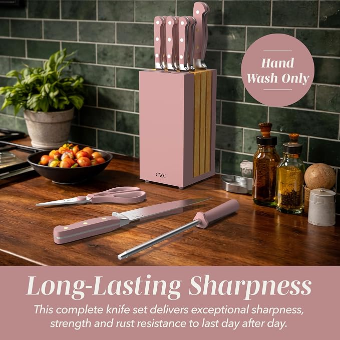 COOK WITH COLOR 14 Pieces Kitchen Knife Block Set, Knives for Kitchen, Forged Cutlery with Razor-Sharp High Carbon Steel Blades, Magnetic Block