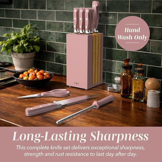 COOK WITH COLOR 14 Pieces Kitchen Knife Block Set, Knives for Kitchen, Forged Cutlery with Razor-Sharp High Carbon Steel Blades, Magnetic Block
