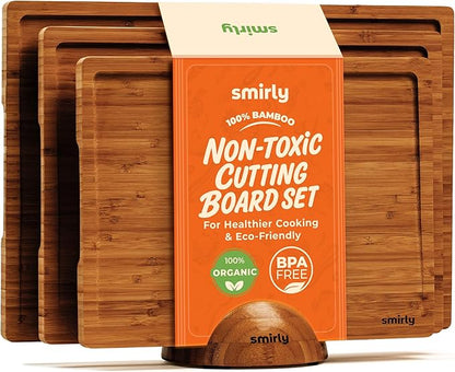 SMIRLY Bamboo Cutting board for Kitchen - Wood Cutting Boards for Meal Prep, Serving, Charcuterie - Kitchen Gadgets, House Warming Gifts - Wooden Chopping Board Set of 3 with Holder - Brown Bamboo