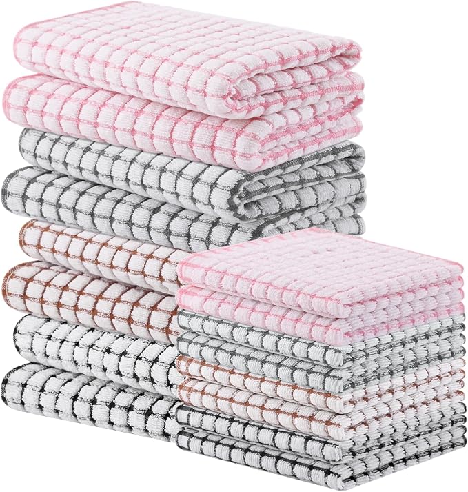 Homaxy Kitchen Towels and Dishcloths Set, 16 x 25 and 12 x 12 Inches, Set of 16 Cotton Terry Kitchen Dish Towels, Super Soft and Absorbent Dish Cloths, Black/Grey/Pink/Brown