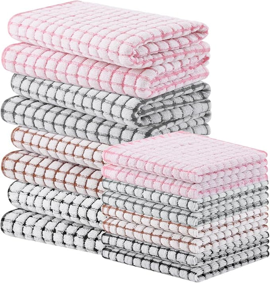 Homaxy Kitchen Towels and Dishcloths Set, 16 x 25 and 12 x 12 Inches, Set of 16 Cotton Terry Kitchen Dish Towels, Super Soft and Absorbent Dish Cloths, Black/Grey/Pink/Brown
