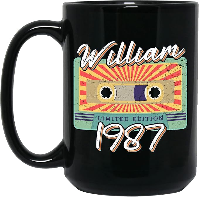 Personalized Vintage Cassette Tape Vintage 1987 Mug, Custom Your Name, 1987 Retro Coffee Mug, 35th Birthday Present Gifts, 1987 Birthday Gift For Friends Family, Customizable Black Tea Cups