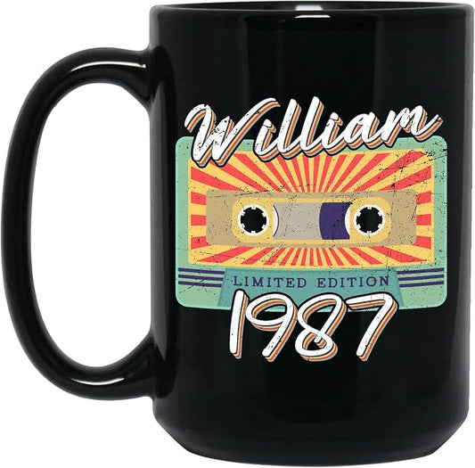 Personalized Vintage Cassette Tape Vintage 1987 Mug, Custom Your Name, 1987 Retro Coffee Mug, 35th Birthday Present Gifts, 1987 Birthday Gift For Friends Family, Customizable Black Tea Cups