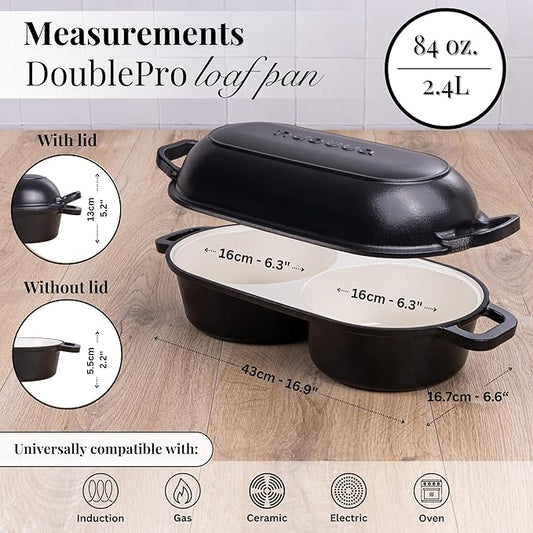 Dutch Oven for Sourdough Bread Baking – Enamelled Cast Iron Bread Loaf Pot – 500°F Oven Safe Non Stick Bread Pot – Double Round Loaf Space, 16.5cm Diameter, Black, – by Nuovva