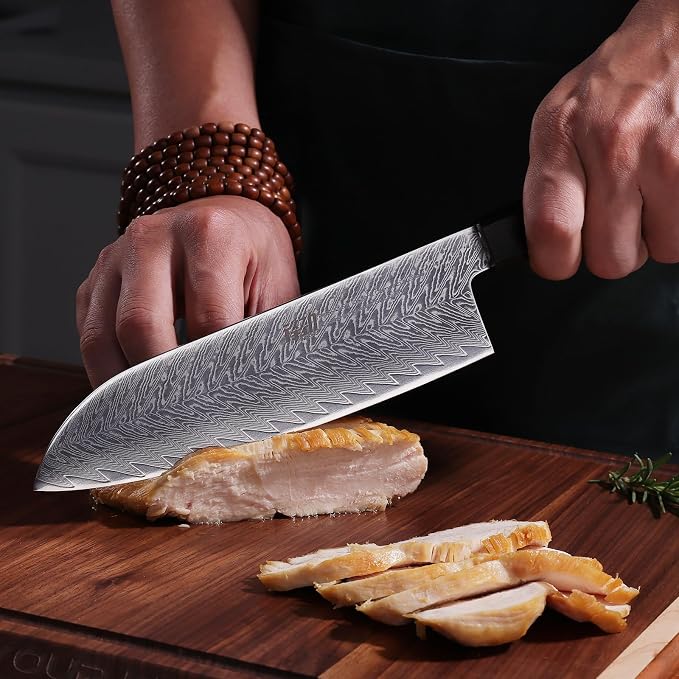 FINDKING 7 Inch Santoku Chef Knife, AUS-10 Damascus Steel Blade, Versatile Asian Knife for Effortless Slicing and Dicing, Comfortable Wooden Grip, Ideal for Vegetable Prep (Samurai Series)