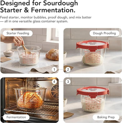 GENICOOK Sourdough Starter & Fermentation Jar Set, 2-Piece Borosilicate Glass Containers with Airtight Lids & Vent Plugs (24oz & 71oz), Wide Mouth Measuring Jars for Dough Mixing, Proofing & Baking