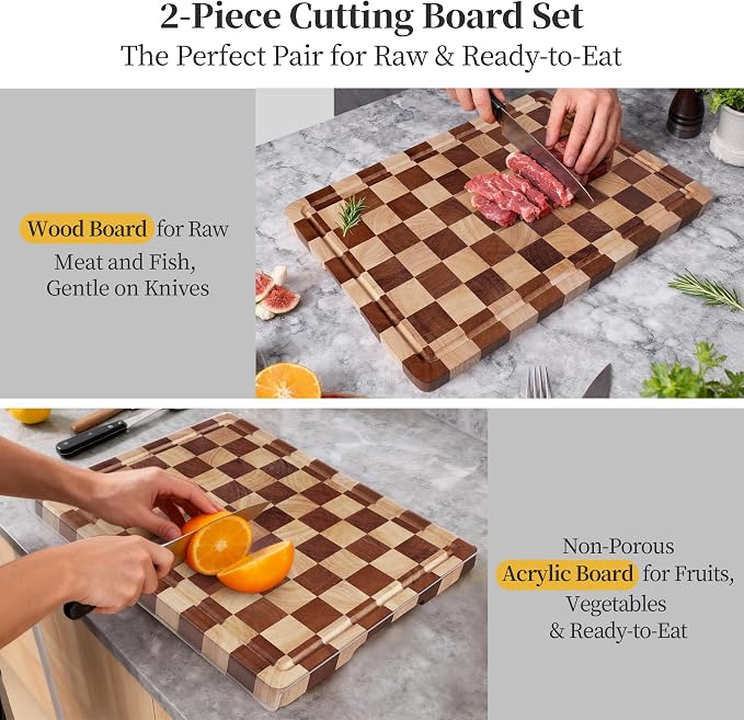 Checkered Cutting Board and Acrylic Cutting Board Set, 2 PCS Cutting Boards for Kitchen, Checkerboard Wood End Grain Chopping Board with Juice Groove & Acrylic Cooking Board with Counter Lip