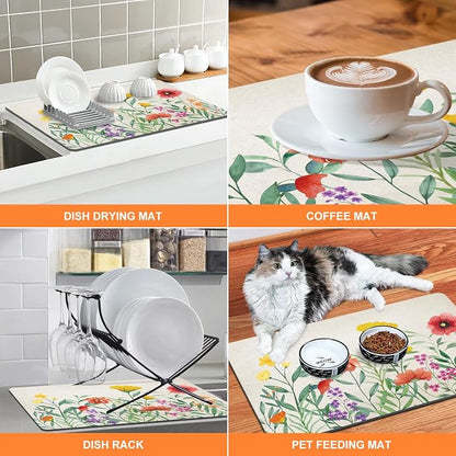 LOKHOM Dish Drying Mat for Kitchen Counter, 17"x32" Absorbent Coffee Bar Mat with Spring Floral, Dish Drainer Rack Mat for Kitchen Counter