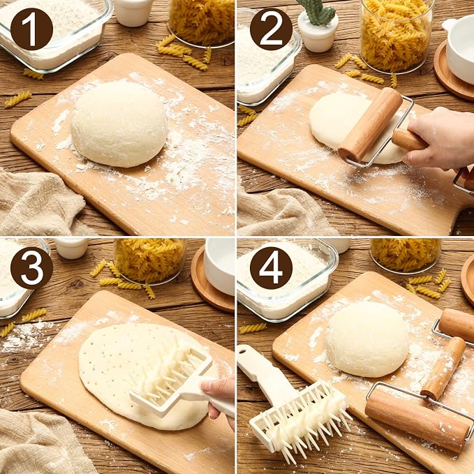 Mudder 2 Pcs Pizza Dough Roller Docker Set, Plastic Dough Docker Pastry Roller with Spikes Non-stick Wooden Rolling Pin for Cookie, Pie, Pastry, Bread, Crust