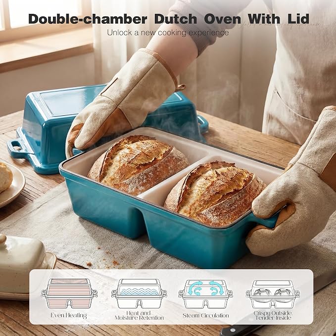 Double Dutch Oven for Sourdough Bread Baking,Enameled Cast Iron Dutch Oven with Lid,Double-Chamber Square Mini Sourdough Loaf Pan for Homemade Bread,Light Blue(Patent Has Been Applied for)