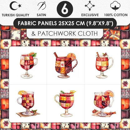 Patchwork Mulled Wine Cotton Fabric Panel – 6 Designs (10×10 inch Each) + Bonus Sheet 29.5×19.6 inch, 100% Cotton 140 GSM, Made in Türkiye