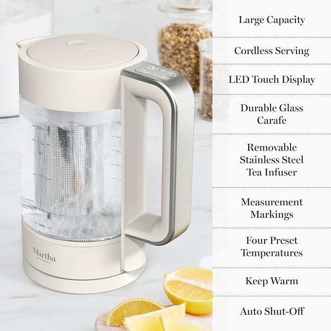 Martha Stewart Electric Kettle with Removable Stainless Steel Tea Infuser, Glass Carafe 1.7L (7 Cups), Hot Water Boiler, 4 Presets, Keep Warm & Auto Shut-Off, Cordless 360° Swivel Base, Linen Cream