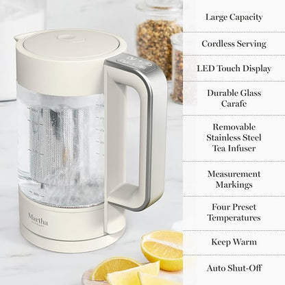 Martha Stewart Electric Kettle with Removable Stainless Steel Tea Infuser, Glass Carafe 1.7L (7 Cups), Hot Water Boiler, 4 Presets, Keep Warm & Auto Shut-Off, Cordless 360° Swivel Base, Linen Cream