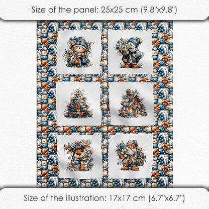 Winter Patchwork Snowman Quilting Fabric Panel – 6× (10×10 inch) Blocks + Bonus Patchwork Sheet 29.5×19.6 inch, 100% Cotton 140 GSM, Blue–Orange Floral Winter Theme