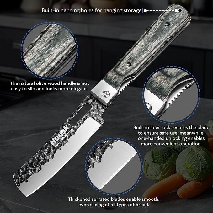 Huusk Japanese Folding Nakiri Knife - Pocket Vegetable Knife with Hand Forged Blade - Portable Kitchen Knives for BBQ, Camping and Travel - Gift for Men and Women