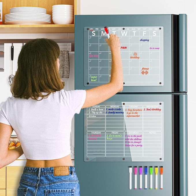 Neatsure Acrylic Magnetic Dry Erase Board Calendar for Fridge, Clear Monthly and Weekly Planner Whiteboard for Refrigerator, w/ 8 Colors Markers, 15"x11"