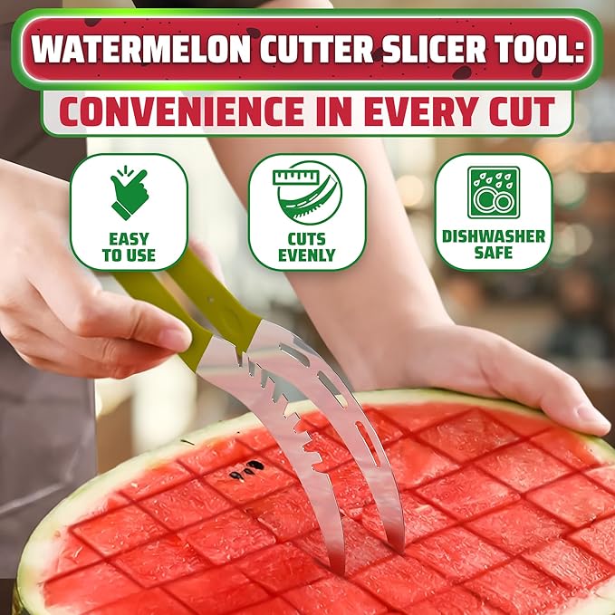 2-in-1 Watermelon Cutter Slicer Tool – Create Clean 1" Cubes & Slices with Watermelon Slicer for Cutting & Serving – Stainless Steel Fruit Cutter Kitchen Gadget for BBQ, Picnic, Camping & Snack Prep