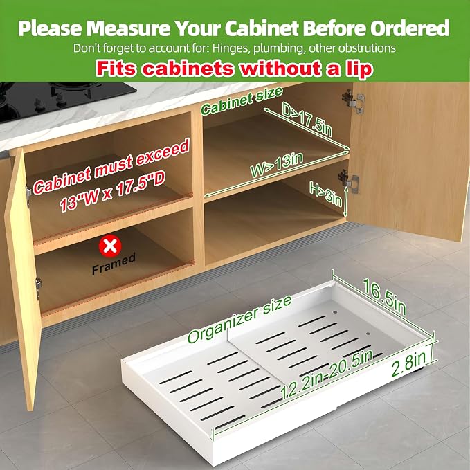 ANTOWIN 1Pack Expandable Pull Out Cabinet Organizer 16.5"Deep (12.2"-20.5" Width), Slide Out Drawers for Kitchen Cabinets, Roll Out Shelves Adhesive with 3-Layer Steel, for Cabinets Without Lip, White