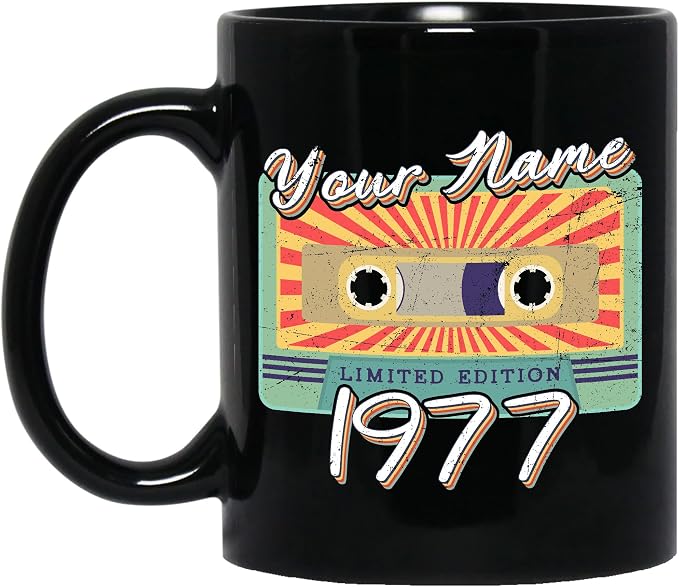 Personalized Vintage Cassette Tape Vintage 1977 Mug, Custom Your Name, 1977 Retro Coffee Mug, 45th Birthday Present Gifts, 1977 Birthday Gift For Friends Family, Customizable Black Tea Cups