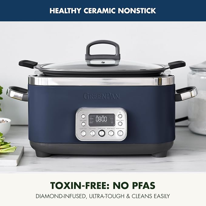 GreenPan Elite 14-in-1 Nonstick 6QT Electric Slow Cooker, PFAS-Free Ceramic Multi-Cooker, In-Pot Browning, Dishwasher Safe Lid & Removable Crock, Stainless Steel Steamer, Silicone Handles, Oxford Blue