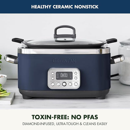 GreenPan Elite 14-in-1 Nonstick 6QT Electric Slow Cooker, PFAS-Free Ceramic Multi-Cooker, In-Pot Browning, Dishwasher Safe Lid & Removable Crock, Stainless Steel Steamer, Silicone Handles, Oxford Blue