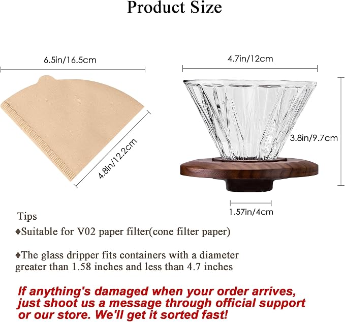 Glass Coffee Dripper with 100 pcs of Size 02 Paper Filter, Borosilicate Glass & Walnut Collar, Pour Over Coffee Maker, 1-3 Cups, Clear