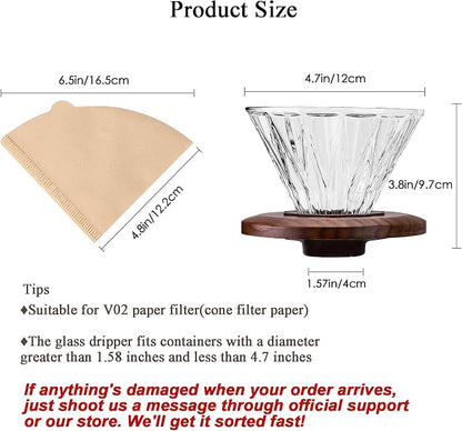 Glass Coffee Dripper with 100 pcs of Size 02 Paper Filter, Borosilicate Glass & Walnut Collar, Pour Over Coffee Maker, 1-3 Cups, Clear