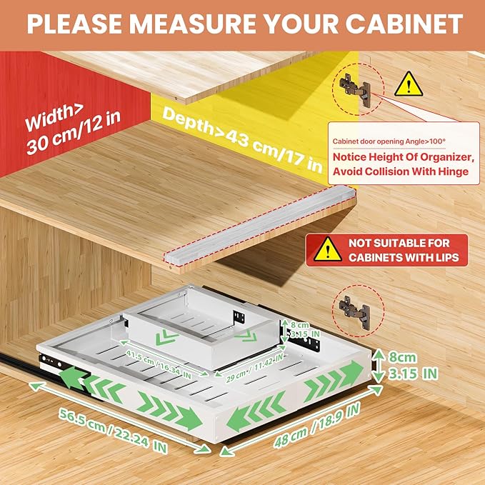 1 Pack Pull out Cabinet Organizer, Width (12"-19") Depth (17"-23"), with 3 Rails Adjustable Slide, Expandable Pullout Drawers for Cabinets, No Drill Adhesive Kitchen Drawers for Pantry Shelves