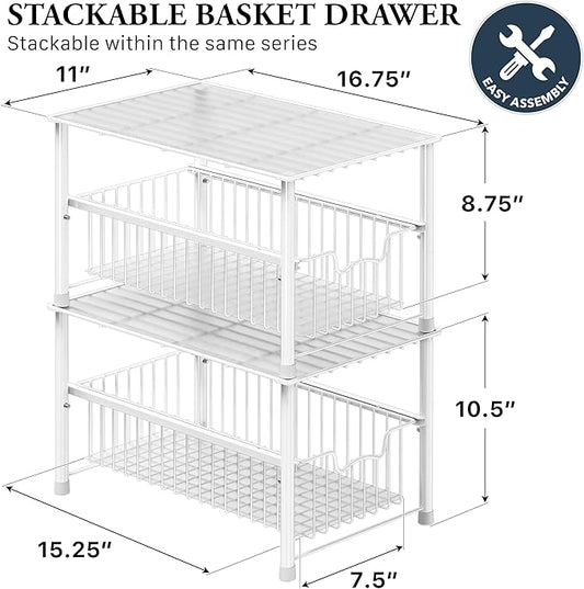 Simple Houseware Stackable Under Sink Cabinet Sliding Basket Organizer Drawer, White