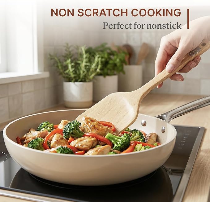 Koppen Rubber Wood Kitchen Utensils Set, Durable Wooden Cooking Spoon and Spatula Ladle for Nonstick Cookware, Non Toxic, Heat Resistant, Smooth Grip, Modern Elegant Design for Everyday (7 Piece Set)