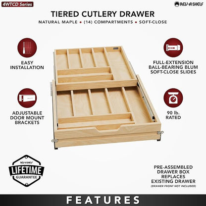Rev-A-Shelf Maple Two-Tier Cutlery Replacement Drawer System w/BLUM Soft-Close for Face Frame Base Kitchen Cabinets, Kitchen Drawer Organizer, Min Opening Width of 21", 4WTCD-24HSC-1