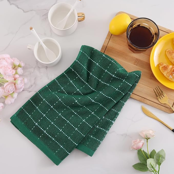 Mordimy 100% Cotton Terry Cloth Kitchen Towels, Super Soft and Absorbent Dish Towels for Drying, Checkered Designed Hand Towels for Kitchen, 13 x 28 Inches, 4 Pack, Dark Green