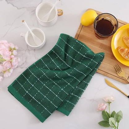 Mordimy 100% Cotton Terry Cloth Kitchen Towels, Super Soft and Absorbent Dish Towels for Drying, Checkered Designed Hand Towels for Kitchen, 13 x 28 Inches, 4 Pack, Dark Green