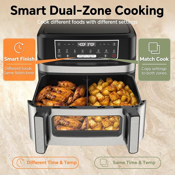 Emphsism 12QT Large Dual Zone Air Fryer with Divider, Match Cook & Smart Finish, Air Fry/Roast/Bake/Toast/Dehydrate/Reheat/Keep Warm/Preheat, Nonstick Dishwasher-Safe Basket, Digital Touchscreen