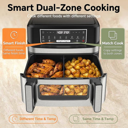 Emphsism 12QT Large Dual Zone Air Fryer with Divider, Match Cook & Smart Finish, Air Fry/Roast/Bake/Toast/Dehydrate/Reheat/Keep Warm/Preheat, Nonstick Dishwasher-Safe Basket, Digital Touchscreen