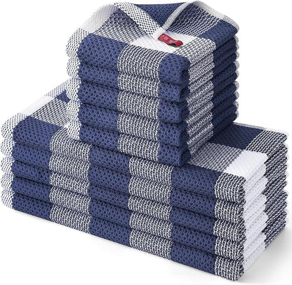 Homaxy Kitchen Towels and Dishcloths Set, 12 x 12 and 13 x 28 Inches, Set of 10 100% Cotton Waffle Weave Check Plaid Kitchen Dish Towels, Super Soft and Absorbent Dish Cloths, White & Navy Blue