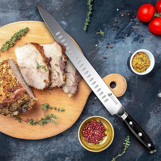 TUO Carving Knife - 12 Inch Brisket Slicing Knife for Grilled Meat and Bacon - High Carbon German Steel - Pakkawood Handle with Gift Box - BLACK HAWK SERIES