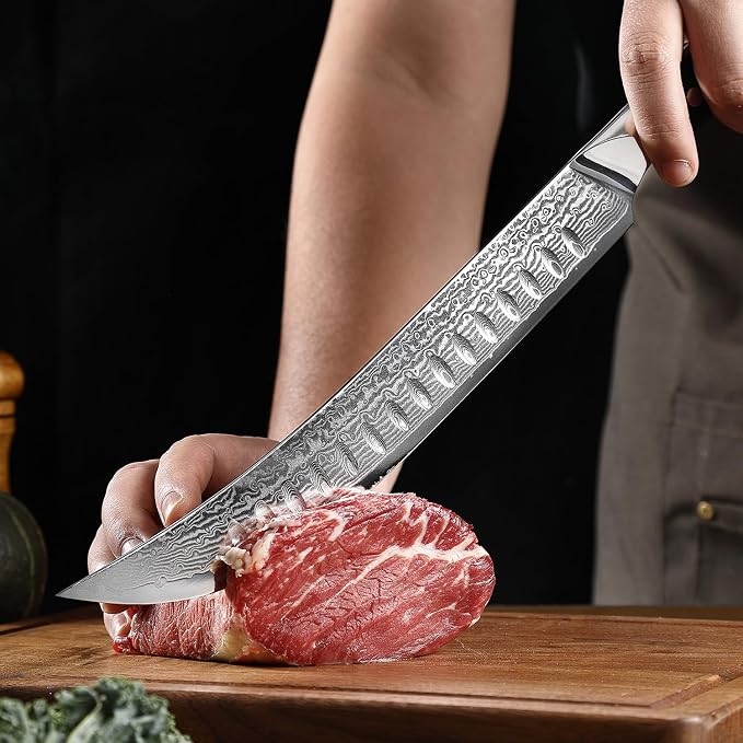 XITUO 10" Cimitar Breaking Butcher Knife, Japanese VG10 Damascus Steel Meat Processing Knife, Full Tang Razor Sharp Blade, Ergonomic Abalone Shell Handle Dazzling Series (10 inch Cimitar Ham knife)