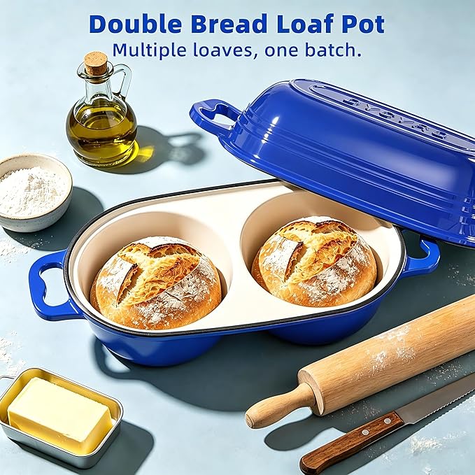 Dutch Oven For Sourdough Bread Baking – Enameled Cast Iron Dutch Oven Pot with Lid, Double Bread Loaf Pan – 500°F Oven Safe Non Stick Bread Pot for Homemade Bread, Meatloaf, Cake, Round Loaf Space, Even Heating–Dark Blue