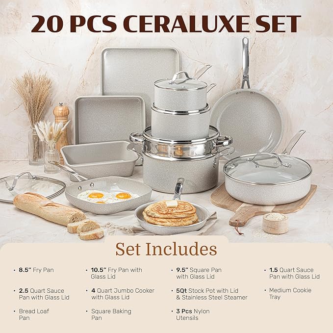 20 Pc Pots and Pans Set Nonstick - Granitestone Ceramic Cookware Set, Diamond Infused, with Bakeware, Utensils & Steamer, Non Toxic PFOA PFOS Free, Oven Safe to 500°F, Dishwasher Safe