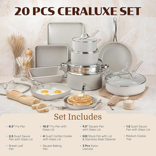 20 Pc Pots and Pans Set Nonstick - Granitestone Ceramic Cookware Set, Diamond Infused, with Bakeware, Utensils & Steamer, Non Toxic PFOA PFOS Free, Oven Safe to 500°F, Dishwasher Safe