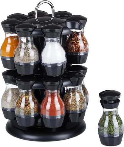 Relaxdays, Black/Silver Spice Carousel 16 Spice Jars Spice Rack 360° Rotatable H x D 29 x 19 cm Plastic