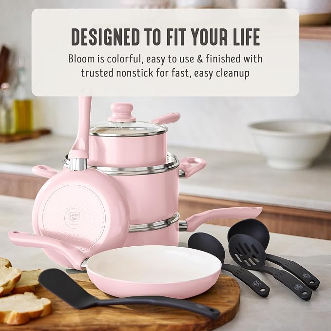 GreenLife 16-Piece Nonstick Cookware Set, Non-Toxic Ceramic Pots and Pans Set, Durable Healthy Kitchen Essentials, Fast Heating, Induction Ready, Easy Clean Dishwasher Safe, PFAS-Free, Blush Pink
