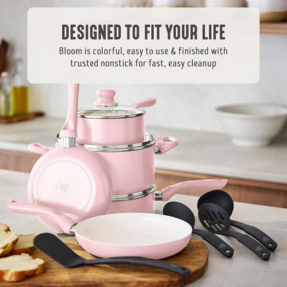 GreenLife 16-Piece Nonstick Cookware Set, Non-Toxic Ceramic Pots and Pans Set, Durable Healthy Kitchen Essentials, Fast Heating, Induction Ready, Easy Clean Dishwasher Safe, PFAS-Free, Blush Pink
