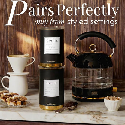 STYLED SETTINGS Coffee Bar Canisters Set of 2 – Vacuum Coffee Canisters with Airtight Lids & Scoop, Black & Gold Stainless Steel Food Storage Containers for Beans or Grounds – Coffee Lover Gifts