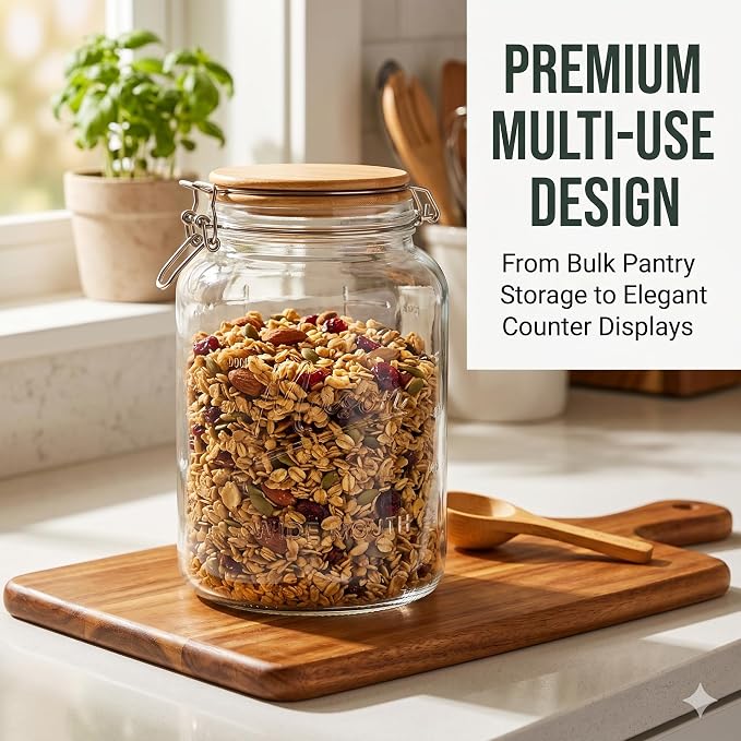 kitchentoolz 1 Gallon Mason Jars Wide Mouth with Airtight Bamboo Lid – 1 Gallon Glass Jar with Lid – Large Mason Jars with Lids for Kitchen Pantry, Storage, and Canning