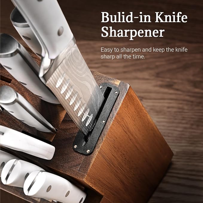 Emojoy Knife Set, 18 Piece Kitchen Knife Set with Block and Built-in Sharpener, Full Tang German Steel Knife Block Set for Kitchen, Razor Sharp Knives Set with Wooden Block